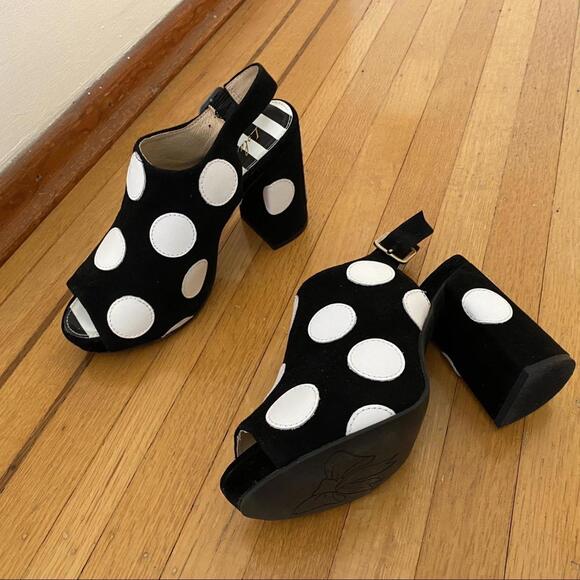 Black white polkadot strap heeled sandals, platform heels shoes Lola Ramona sz 7 - Picture 3 of 4